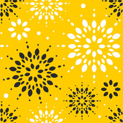 Snowflakes are white and black on a yellow background. Seamless cute winter pattern. Vector.