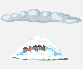 Snow avalanche covered house, natural disaster heavy snowfall. Change climate concept. Melting glaciers due to global warming. Planet heats up and causes glaciers to melt and water levels rise