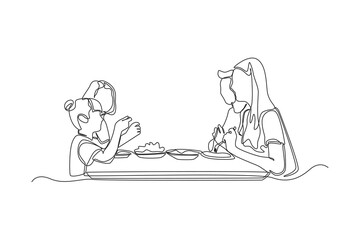 Single one line drawing family on thanksgiving dinner. Thanks giving concept. Continuous line draw design graphic vector illustration.