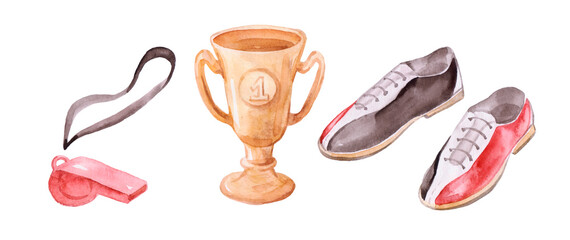 Watercolor illustration set of bowlingl cup, whistle and shoeses. A set of equipment for playing basketball. Isolated over white background. Drawn by hand.