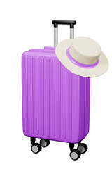 Blue suitcase travel luggage with white hat 3d illustration travel concept for tourism advertising