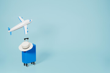 Planes and blue suitcase white hat on top in light blue background. 3d illustration luggage travel concept for tourism advertising