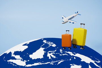 Suitcase on the earth with white plane in light blue background. 3d illustration travel concept for tourism advertising