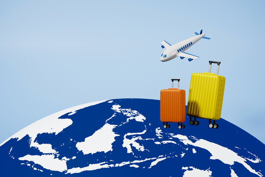 Suitcase On The Earth With White Plane In Light Blue Background. 3d Illustration Travel Concept For Tourism Advertising