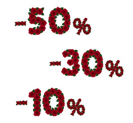 Decorative figures for sale and discounts of red roses. Ten, thirty, fifty percent. Vector Clip art