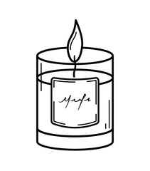 Burning aroma candle in glass jar. Hand drawn sketch icon. Isolated vector illustration in doodle line style.