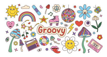 Retro groovy stickers. 70s disco. Rainbow and flowers. Hallucinogen mushrooms. Psychedelic ball. Love heart. Peace symbols. Lips and eye. Hippie labels set. Vector cartoon illustration