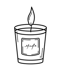 Burning candle in glass. Trendy decor for home and cozy in doodle line style. Hand drawn sketch vector illustration isolated on white background.