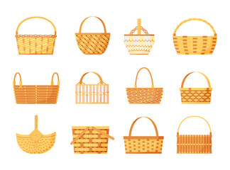 Easter basket. Empty bamboo wicker. Picnic handle hamper. Wooden straw container. Shopper for food storage. Isolated wickerwork bags set. Basketwork craft. Vector braided camping boxes