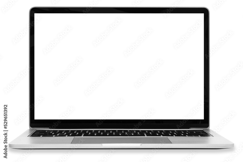 Wall mural front view of a moder generic silver laptop with a blank white screen and isolated on a transparent 