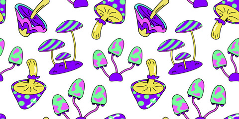 Psychedelic mushroom pattern. Magic neon fungus. Hallucination shroom. Bright texture. Crazy poisonous fungi. Surreal hippie wallpaper. Purple toadstools. Vector seamless background