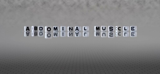 abdominal muscle word or concept represented by black and white letter cubes on a grey horizon...