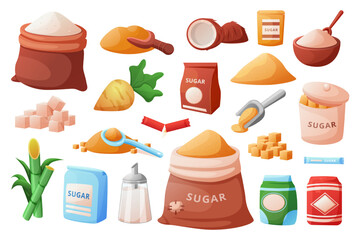 Sugar package. Organic vegetation cellulose packaging. Sugarcane and beet. Production in sticks. Sweet harvest. Heaps and cube pieces. Glucose product bags. Vector cartoon sweeteners set