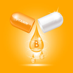 Capsule vitamin B (Thiamine) structure orange, white open as drop of water. 3D Vector Illustration. Drug business concept. Personal care, beauty concept. Vitamin complex with chemical formula.  © Thepporn