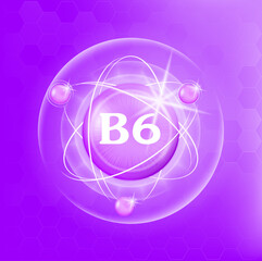 Vitamin B6 icon structure purple substance of butterfly pea. Medicine health symbol of thiamine. Drug business concept. Vector Illustration. 3D. Complex with chemical formula. Personal care, beauty.