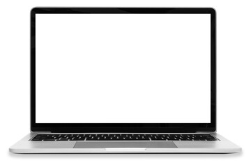 Front view of a moder generic silver laptop with a blank white screen and isolated on a transparent background.