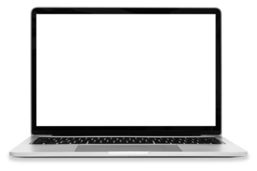 Front view of a moder generic silver laptop with a blank white screen and isolated on a transparent background.