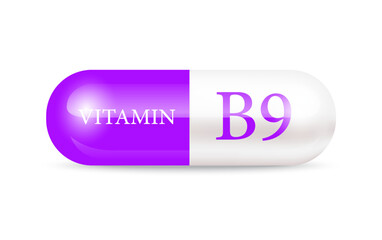 Capsule vitamin B9 (Thiamine) 3D Vector Illustration. Structure purple, white. Vitamin complex with chemical formula. Drug business concept. Personal care, beauty concept. transparent capsule pill.