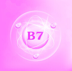 Vitamin B7 icon structure light pink purple, white . Medicine health symbol of thiamine. 3D Vector Illustration. Complex with chemical formula. Personal care, beauty. Drug business concept.