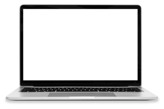 Front view of a moder generic silver laptop with a blank white screen and isolated on a transparent background.
