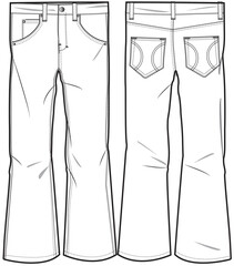 Men Boot Cut Denim, Flared Trouser, Pant Front and Back View fashion illustration vector, CAD, technical drawing, flat drawing.	