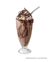 Cocoa and whipped cream, with straw and chocolate syrup in a glass cup watercolor hand drawn illustration isolated on white background.