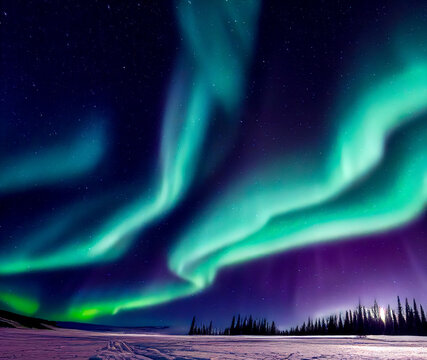 Aurora borealis on the Norway. Green northern lights above mountains. Night sky with polar lights. Night winter landscape with aurora and reflection on the water surface. Natural back