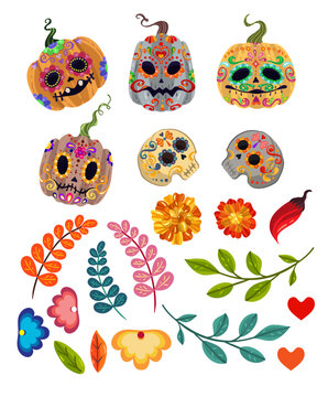 The day of the Dead. Mexican holiday. Die de los muertos. Vector illustration, festival, print on t-shirt, handmade, set