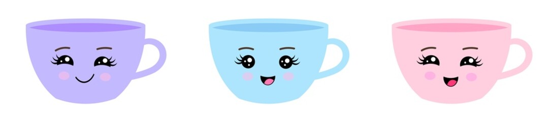 Set of 3 cute happy funny coffee mugs. Kawaii cup. Smiling cartoon character. Purple, blue and pink mugs