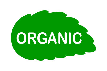 Organic food product label. Green leaf-shaped stamp. Logo or icon. Plant-based diet. Sticker. Vegeterian