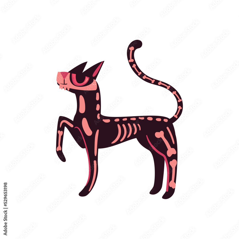 Sticker halloween, flat skeleton cat