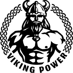 Viking power. Emblem with a silhouette of a warrior. Vector illustrated.