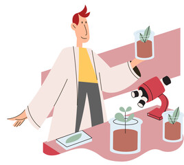 Scientist examining plant species using laboratory microscope. Eco friendly technology, research on environmental protection. Ecologist studying botany in biological laboratory, take care of nature