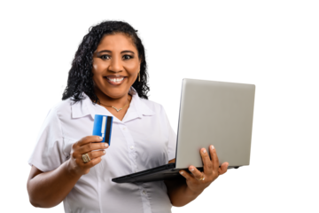  woman holds a credit card and a notebook online payment, looking at camera