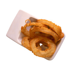 Onion rings on white small plate, isolated on white background.