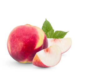 Fresh peach with leaves isolated on transparent background (.PNG)