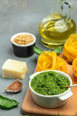 Traditional Italian pesto for making fettuccine, pasta. Restaurant menu, dieting, cookbook recipe top view