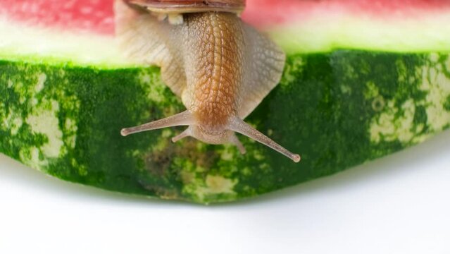 Beautiful grape garden snail sits on a watermelon and looks around