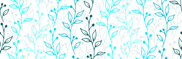 Berry bush sprouts hand drawn vector seamless pattern. Chic herbal graphic design. Grass plants leaves and bloom wallpaper. Berry bush sprigs home style endless background