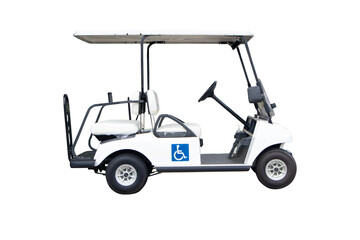 Golf carts or electric golf cart white for people with disabilities. isolated on white background with Clipping Part.Electric golf carts are widely used in sport of golf to run athletes on the grass.