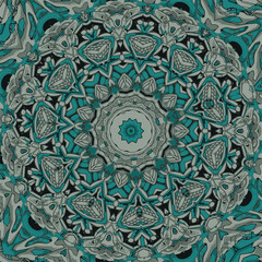 Seamless tracery tile mehndi design. Ethnic ornament, colorful doodle symmetry texture. Folk traditional spiritual tribal design. Curved doodling motif. Color art