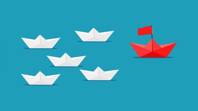 Leadership concept. Red paper boat. Origami red boat icon isolated on blue background vector