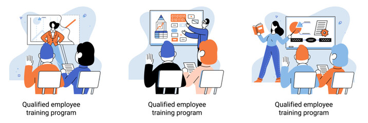 Qualified employee training program. Refresher course metaphor. Help in professional development. Learning for software development and growth. Agile project management team project life scrum meeting