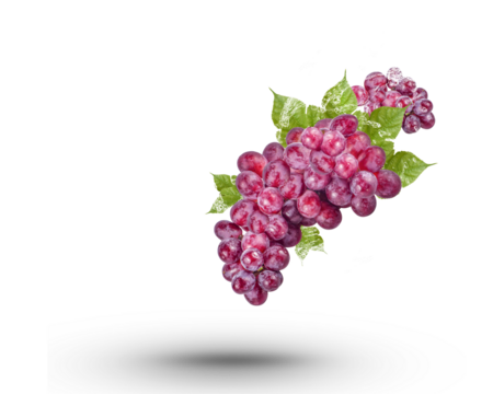 Water splash on fresh red grape with leaves isolated on transparent background (.PNG)
