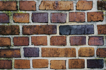 Brick wall in red color, old wall texture background closeup.