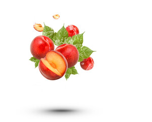 Fototapeta na wymiar Water splash on fresh Red plum with leaves isolated oon transparent background (.PNG)