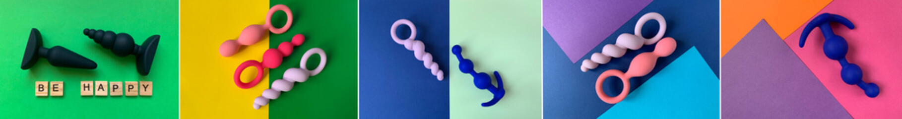 Collage with sex toys. Butt plugs on color background. Five photos useful for sex shop or adults