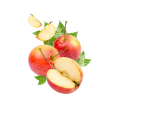 Water splash on fresh red apple with leaves isolated on transparent background (.PNG)