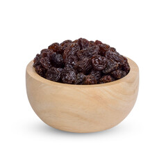 Dried raisins in the wooden bowl isolated on transparent background (.PNG)