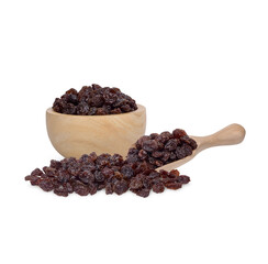 Dried raisins in the wooden bowl isolated on transparent background (.PNG)